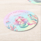 Mermaid Tail Teal Pink Girly Birthday Party ラウンドペーパーコースター (アングル)