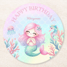 Mermaid Tail Teal Pink Girly Birthday Party ラウンドペーパーコースター