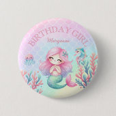 Mermaid Tail Teal Pink Girly Birthday Party 缶バッジ (正面)