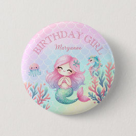 Mermaid Tail Teal Pink Girly Birthday Party 缶バッジ
