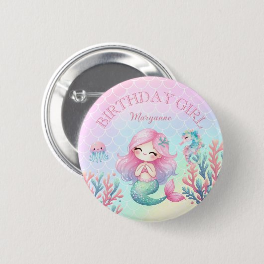 Mermaid Tail Teal Pink Girly Birthday Party 缶バッジ (正面&裏面)