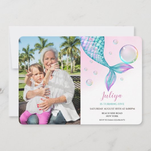 Mermaid Tail with bubbles誕生日の写真招待状 招待状 (正面)