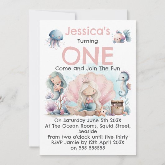 Mermaid Themed 1st Birthday Invitation 招待状 (正面)