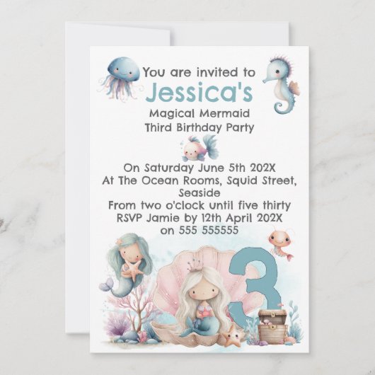 Mermaid Themed 3rd Birthday Invitation 招待状 (正面)