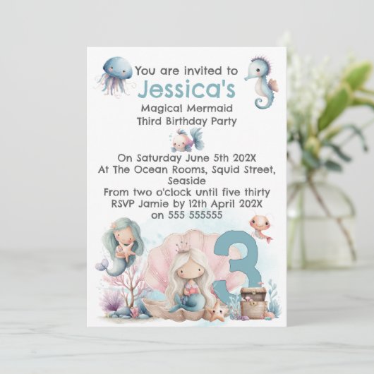 Mermaid Themed 3rd  Birthday Invitation 招待状 (スタンド正面)