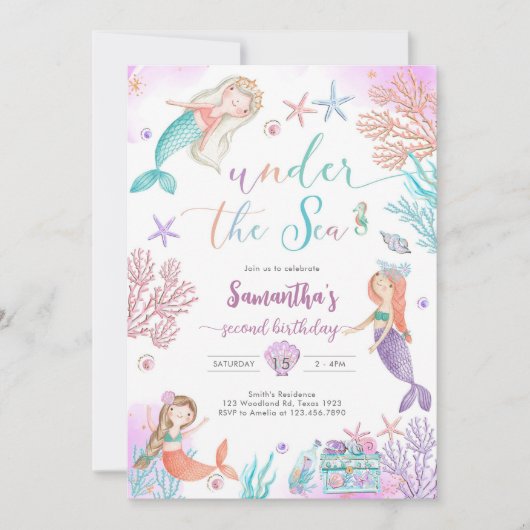 Mermaid Under The Sea 1st Birthday Invitation 招待状 (正面)