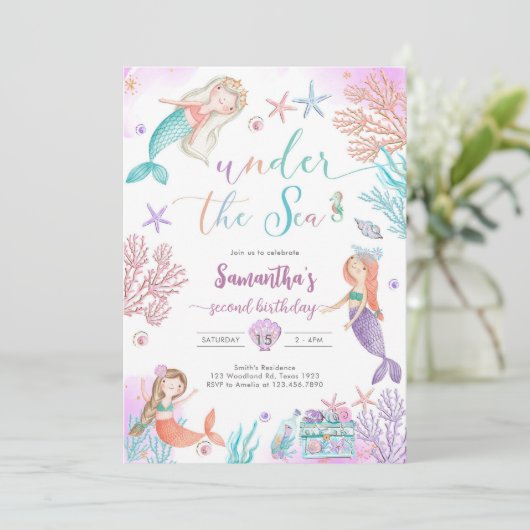 Mermaid Under The Sea 1st Birthday Invitation 招待状 (スタンド正面)