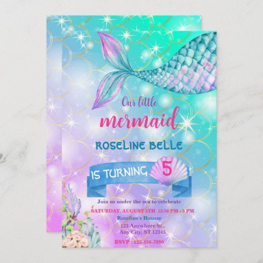 Mermaid Under The Sea  Birthday 招待状 (正面/裏面)