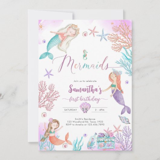 Mermaid Under The Sea Birthday Invitation 招待状 (正面)