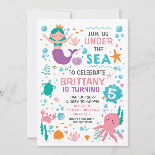 Mermaid Under the Sea birthday invitation 招待状 (正面)