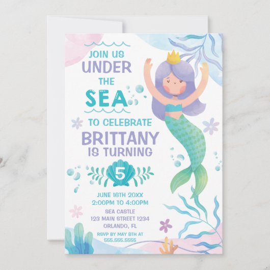 Mermaid Under the Sea cute birthday invitation 招待状 (正面)