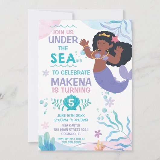 Mermaid Under the Sea cute birthday invitation 招待状 (正面)