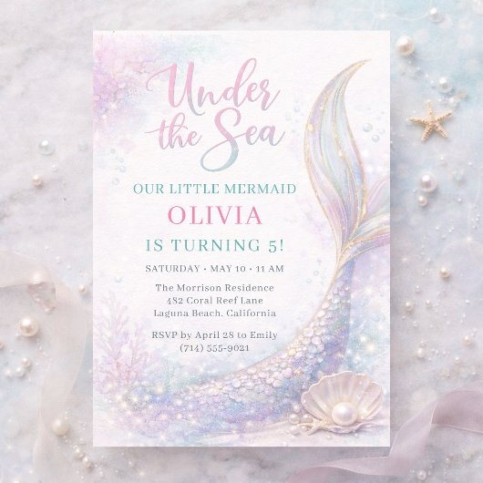 Mermaid Under the Sea Girl Birthday 招待状