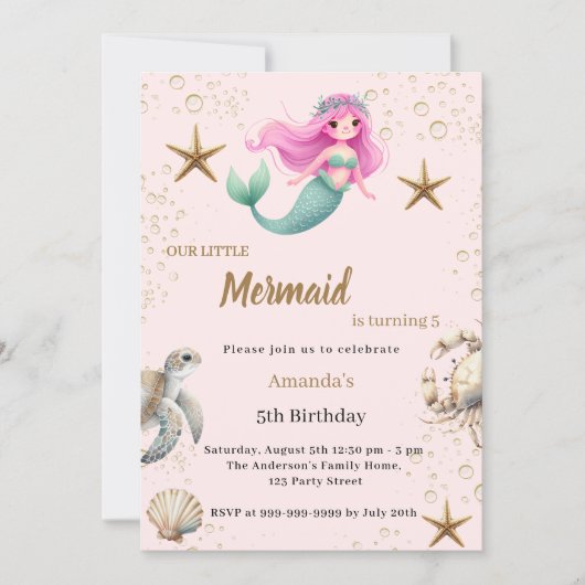 Mermaid Under the sea ocean animals Birthday 招待状 (正面)