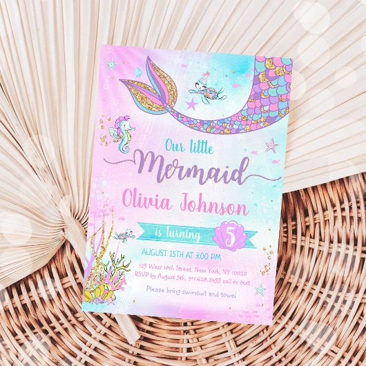 Mermaid Under the Sea Rainbow Girl Birthday 招待状