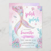 Mermaid Under the Sea Splish Splash Birthday 招待状 (正面/裏面)