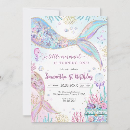 Mermaid Under the Sea Splish Splash Birthday 招待状 (正面)