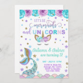 Mermaid & Unicornの女の子の誕生日の招待。 招待状 (正面/裏面)