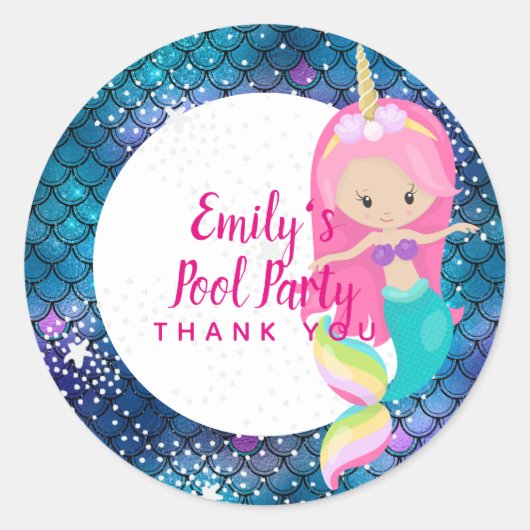 Mermaid Unicornプールパーティー供給ピンクブルーガール ラウンドシール (正面)