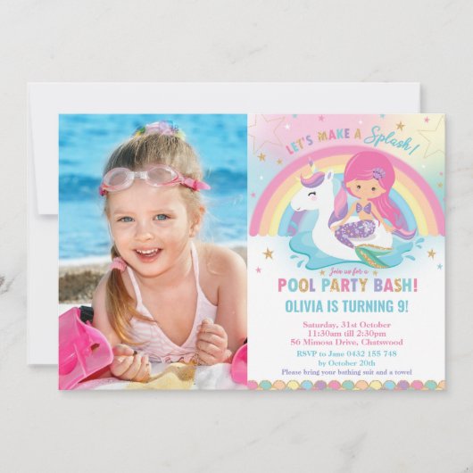 Mermaid Unicornプールパーティー誕生日ピンク写真 招待状 (正面)