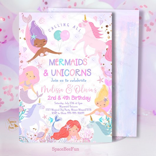 Mermaid & Unicorn誕生日パーティーの招待 招待状