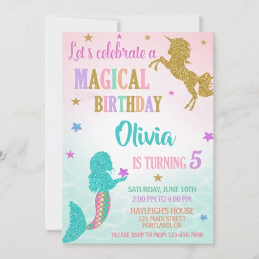 Mermaid Unicorn Birthday Invitation Magical party 招待状 (正面)