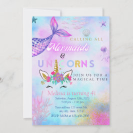 Mermaid & Unicorn Birthday Party for a girl/twins 招待状