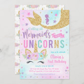 Mermaid Unicorn Girl Birthday Invitation 招待状 (正面/裏面)