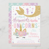 Mermaid Unicorn Girl Birthday Invitation 招待状 (正面/裏面)