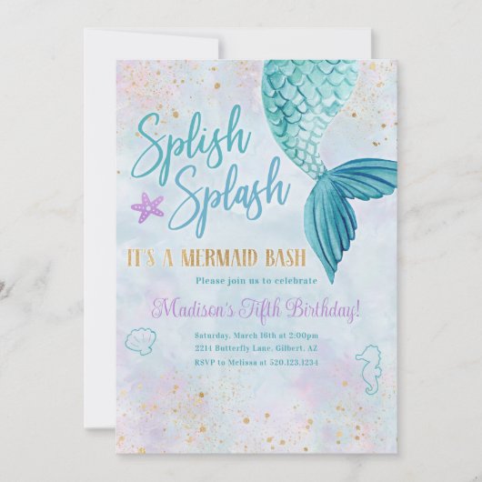 Mermaid Watercolor Birthday Party Any Age Invite 招待状 (正面)
