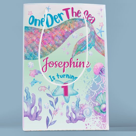 Mermaid watercolor first birthday ミディアムペーパーバッグ