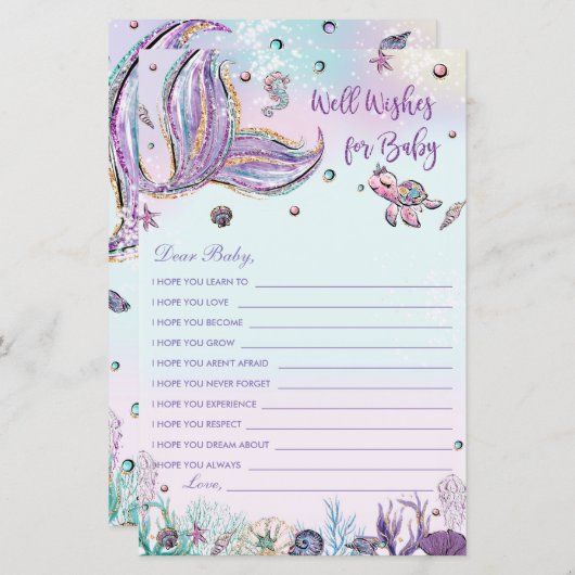 Mermaid Well Wishes for Baby Shower Activity Card (正面/裏面)