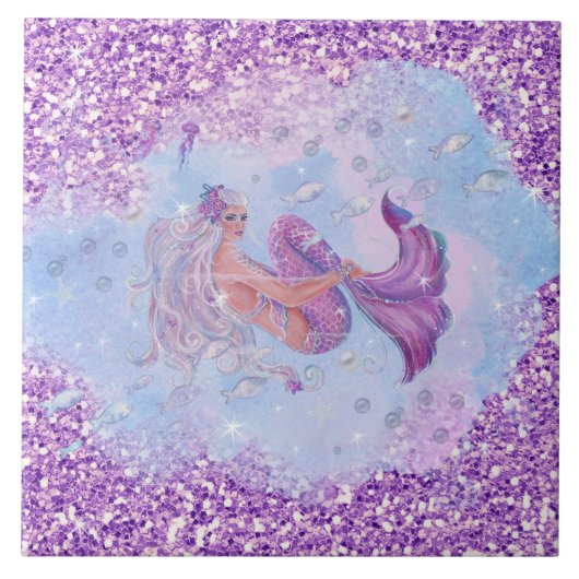 Mermaid with flowers by Renee Lavoie タイル (正面)