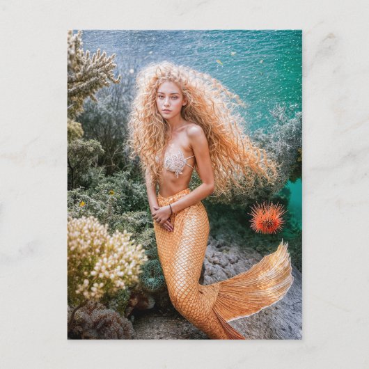 Mermaid with golden Hair in Coral シーズンポストカード (正面)