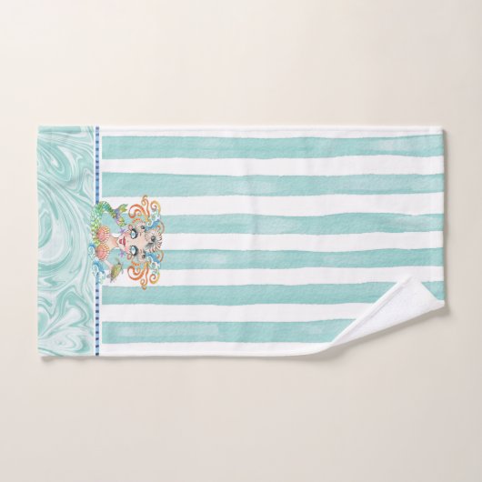 Mermaid with Turtle and Blue Stripes ハンドタオル (ハンドタオル)