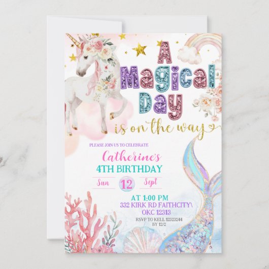 Mermaids and Unicorns Magical Birthday invitation 招待状 (正面)