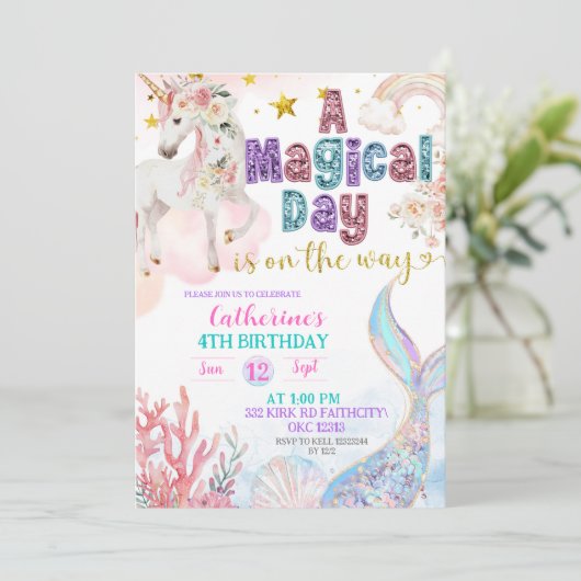 Mermaids and Unicorns Magical Birthday invitation 招待状 (スタンド正面)