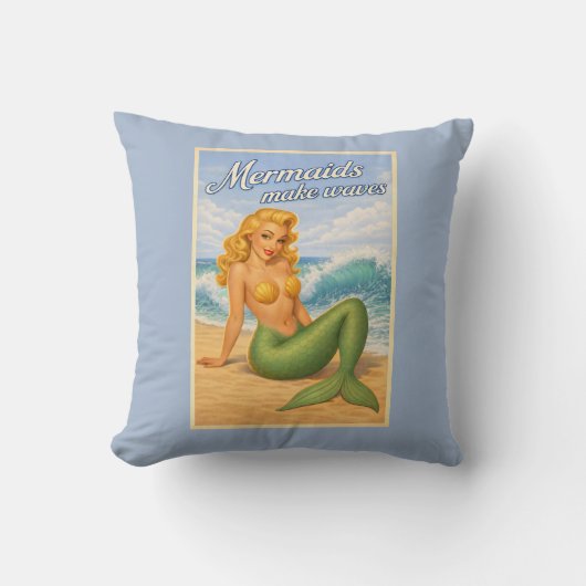 Mermaids Make Waves Retro Coastal Blue Beach Decor クッション (正面)