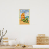 Mermaids Make Waves Retro Pin-Up Coastal Beach Art ポスター (キッチン)