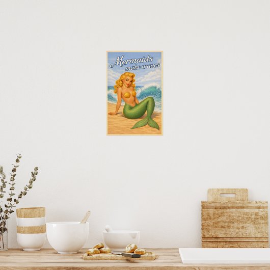 Mermaids Make Waves Retro Pin-Up Coastal Beach Art ポスター (キッチン)