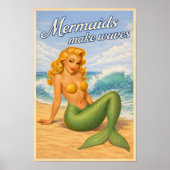 Mermaids Make Waves Retro Pin-Up Coastal Beach Art ポスター (正面)