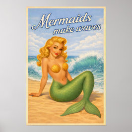 Mermaids Make Waves Retro Pin-Up Coastal Beach Art ポスター