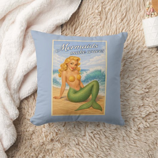 Mermaids Make Waves Retro PinUp Coastal Beach Blue クッション (ブランケット)