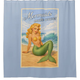 Mermaids Make Waves Retro PinUp Coastal Beach Blue シャワーカーテン