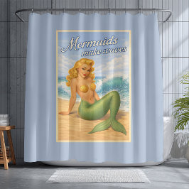 Mermaids Make Waves Retro PinUp Coastal Beach Blue シャワーカーテン