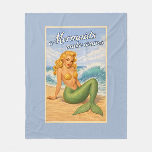 Mermaids Make Waves Retro PinUp Coastal Beach Blue フリースブランケット (正面)