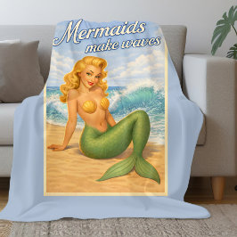 Mermaids Make Waves Retro PinUp Coastal Beach Blue フリースブランケット