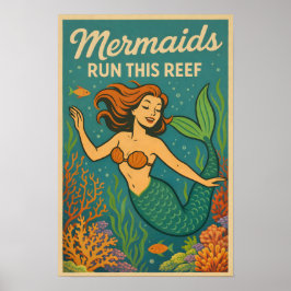 Mermaids Run This Reef Funny Retro Coral Fish Art ポスター