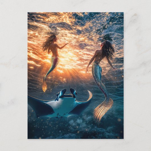 Mermaids Swimming with Manta Ray at Dusk シーズンポストカード (正面)