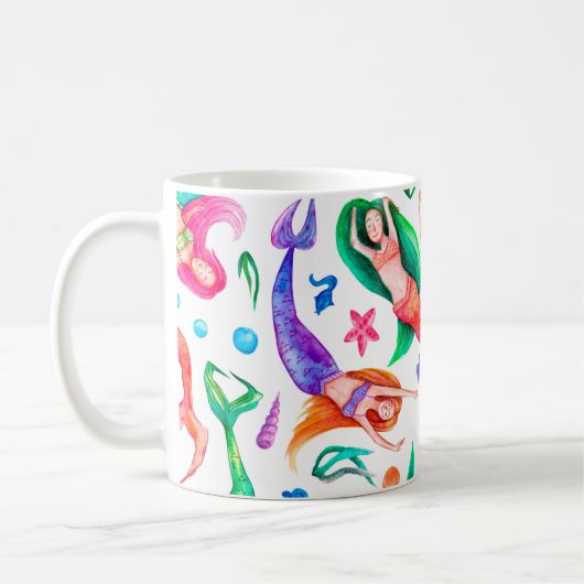 Mermaids Water color:シームレスな海洋パターン コーヒーマグカップ (左)